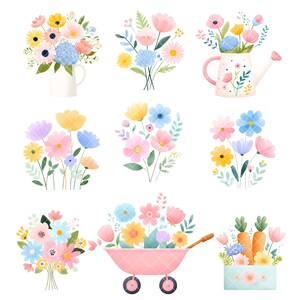 May include: A watercolour illustration of several floral arrangements. The image shows bouquets of pink, yellow, blue, and purple flowers in a white jug, a watering can, a pink wheelbarrow, and a blue box. The flowers are surrounded by green leaves.