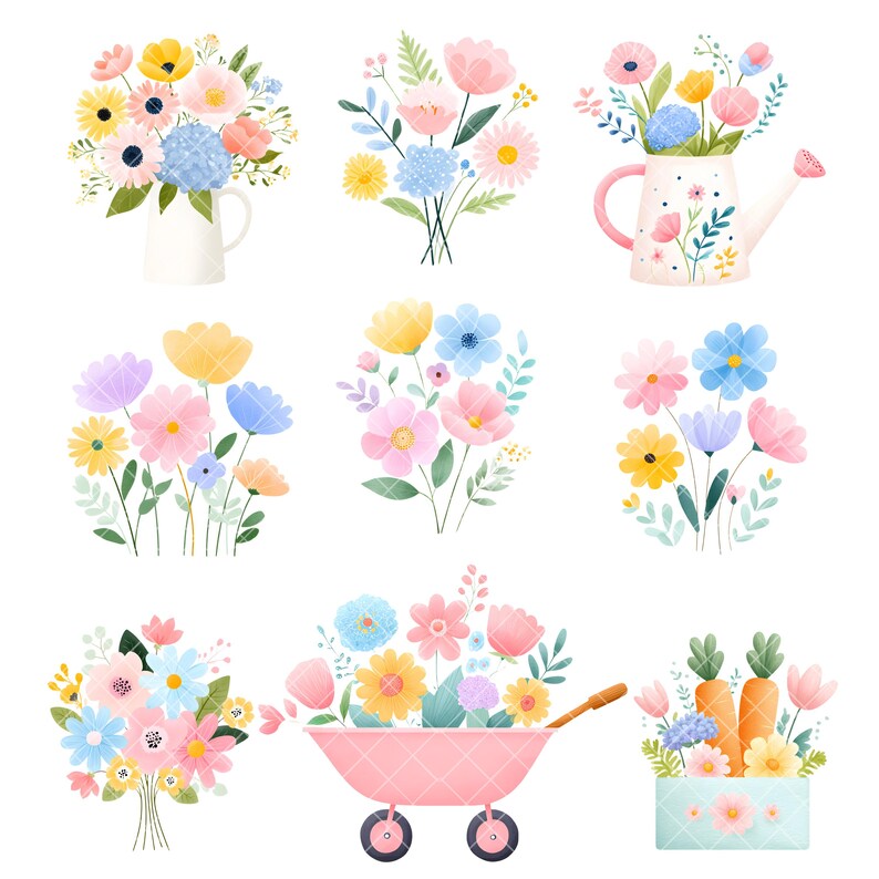 May include: A watercolour illustration of several floral arrangements. The image shows bouquets of pink, yellow, blue, and purple flowers in a white jug, a watering can, a pink wheelbarrow, and a blue box. The flowers are surrounded by green leaves.