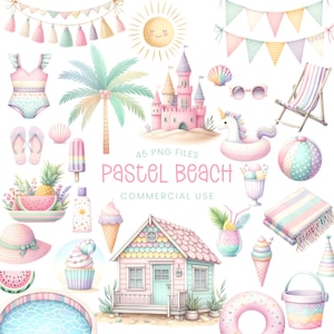 Pastel Beach Clipart - Watercolor - Beach Bash Png - Girly Summer Clipart - Sandcastle - Swimsuit - Pool - Ice Cream - Commercial Use