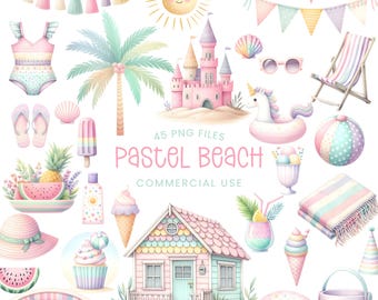 Pastel Beach Clipart - Watercolor - Beach Bash Png - Girly Summer Clipart - Sandcastle - Swimsuit - Pool - Ice Cream - Commercial Use