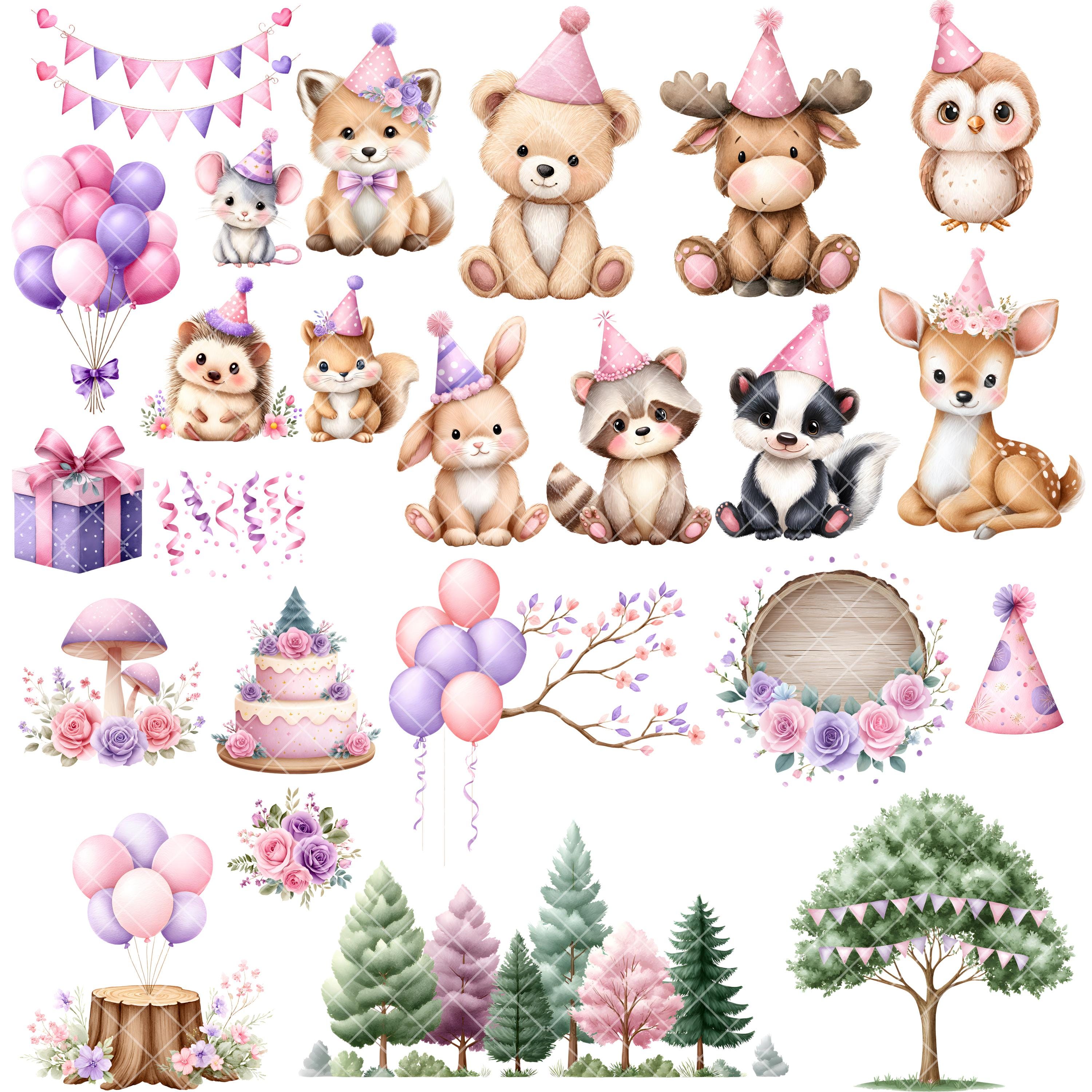 Woodland Birthday Clipart - Watercolor - Woodland Animal Png - Cute ...