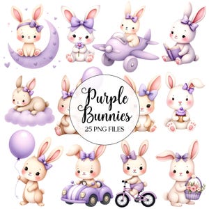May include: A set of 25 digital illustrations of purple bunnies in various poses. The bunnies are wearing purple bows and holding items like books, balloons, and cupcakes. The text "Purple Bunnies 25 PNG Files" is displayed in the center of the image.