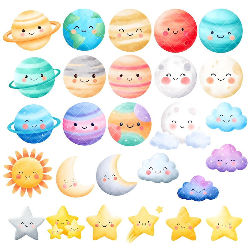 K&ouml;nnte beinhalten: Eine Sammlung von Aquarellillustrationen mit l&auml;chelnden Planeten, Monden, Sternen, Wolken und einer Sonne. Die Planeten sind in verschiedenen Farben gehalten, darunter Blau, Gr&uuml;n, Orange und Lila. Die Himmelsk&ouml;rper haben niedliche, freundliche Gesichter.