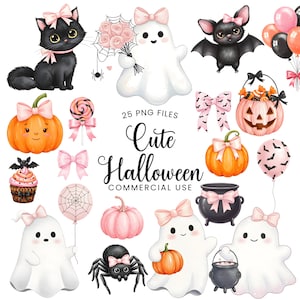 Pode incluir: Uma coleção de arquivos PNG com tema de Halloween. A imagem apresenta um gato preto, fantasmas, morcegos, abóboras, aranhas e balões, todos adornados com laços rosa. O texto "Cute Halloween" é exibido em uma fonte decorativa.