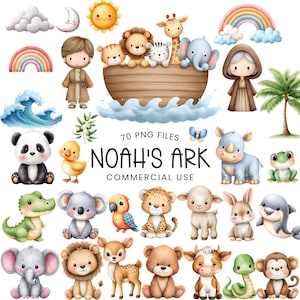May include: Watercolor illustration of Noah's Ark with various animals, including a giraffe, elephant, and lion. The image includes a rainbow, sun, and the text "NOAH'S ARK COMMERCIAL USE".