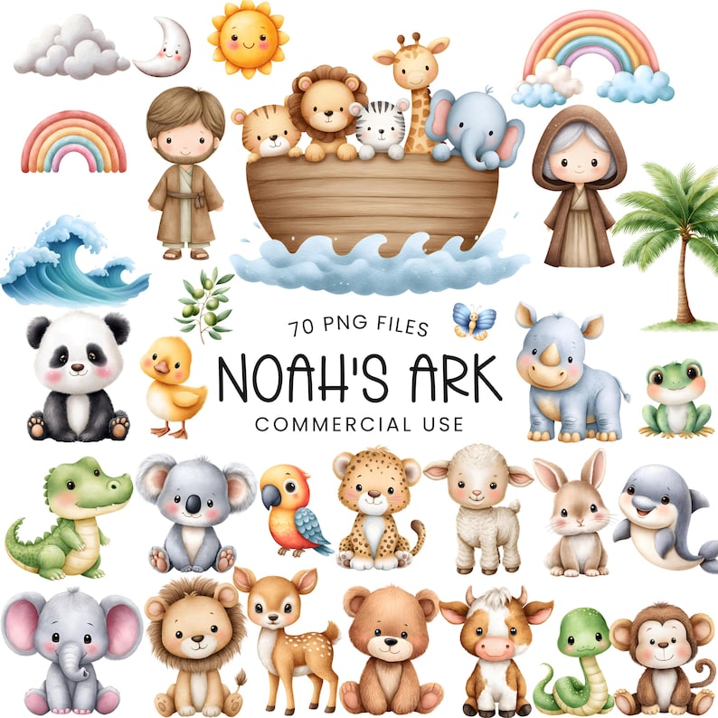 May include: Watercolor illustration of Noah's Ark with various animals, including a giraffe, elephant, and lion. The image includes a rainbow, sun, and the text "NOAH'S ARK COMMERCIAL USE".