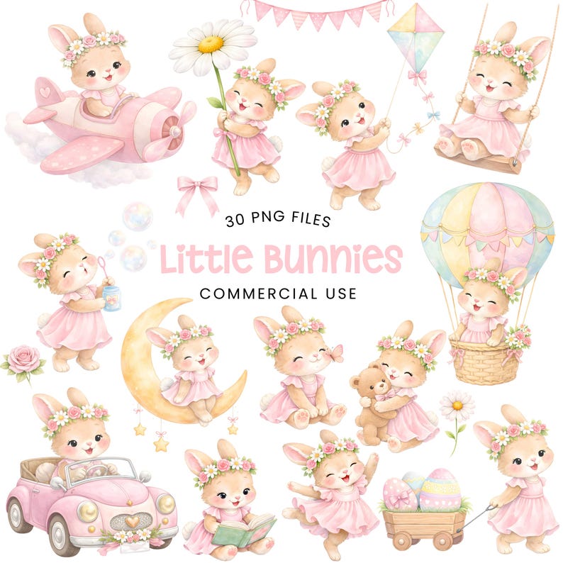 Little Bunny Clipart - Watercolor - Easter Png - Cute Rabbits - Spring Clipart - Commercial Use image 9