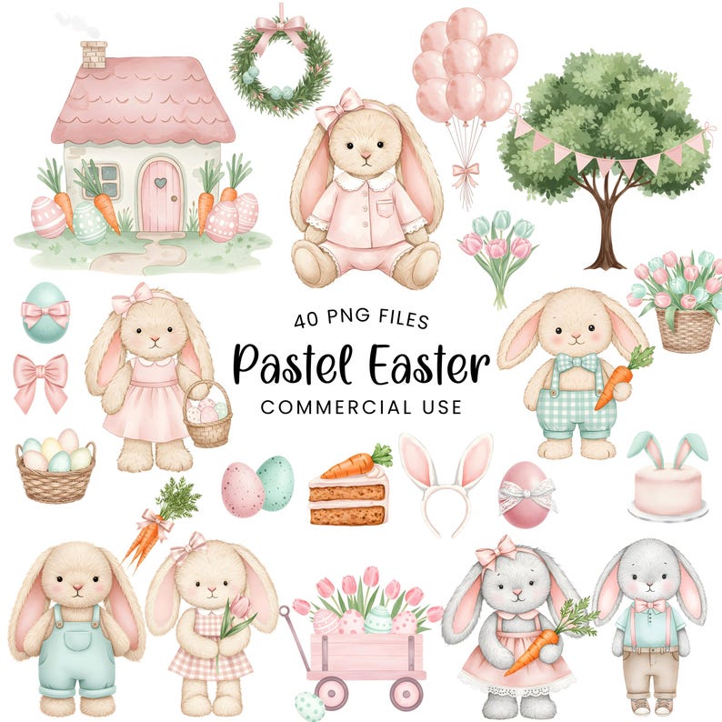 May include: Watercolor illustrations of Easter-themed elements. The image features bunnies, Easter eggs, carrots, a house, a wreath, balloons, and a tree. Text on the image reads "Pastel Easter" and "Commercial Use".