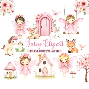 May include: A set of 25 watercolor fairy clipart images. The images include fairies, animals, flowers, houses, and other whimsical elements. The images are perfect for creating invitations, cards, and other crafts.