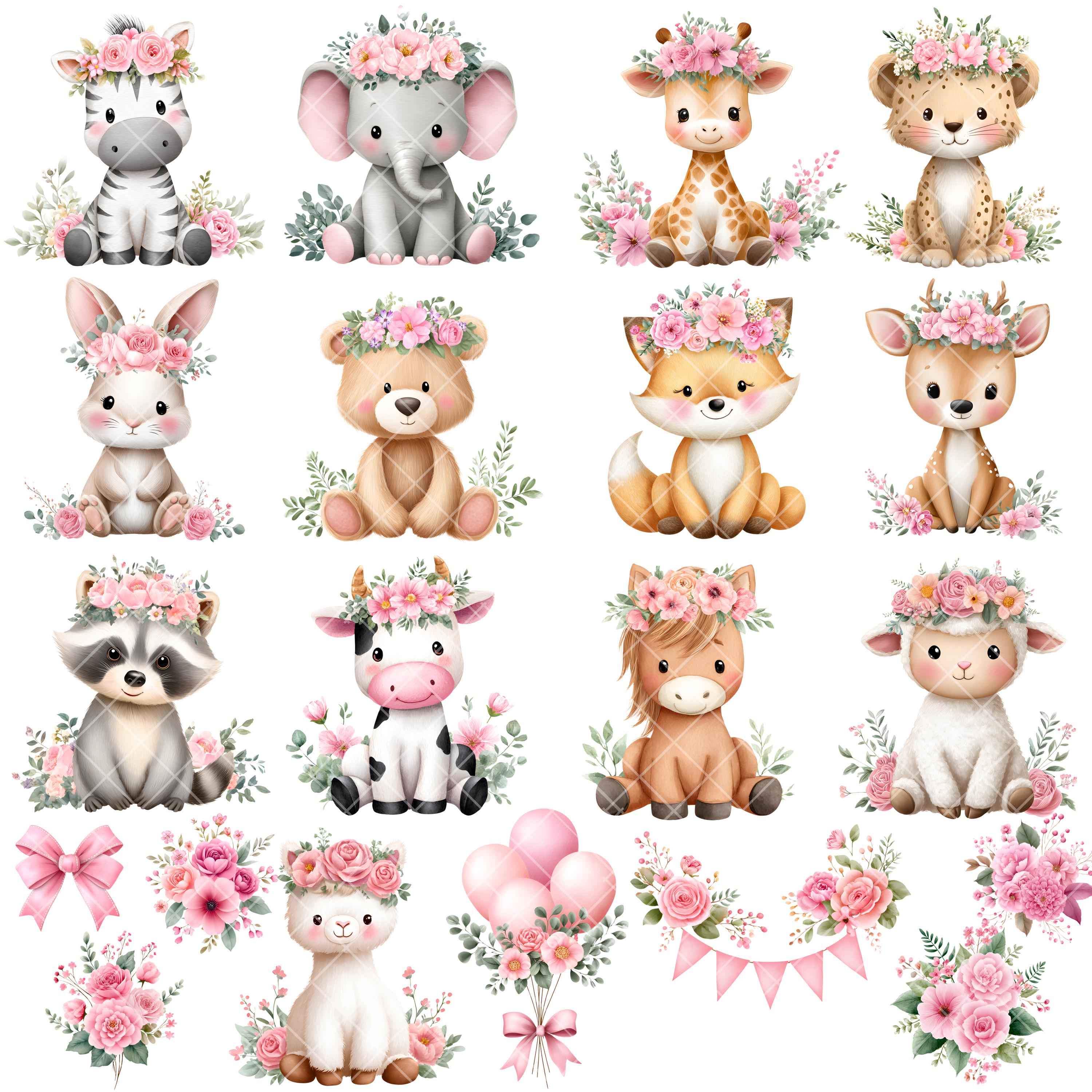 Baby Animal Clipart - Watercolor - Pink Floral - Nursery Clipart - Baby ...