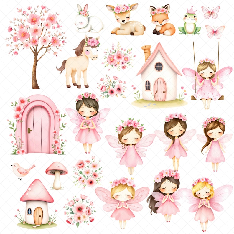 May include: A set of watercolor illustrations featuring fairies, animals, and flowers. The illustrations are in shades of pink and white and feature a variety of whimsical elements, including a fairy house, a swing, and a door.