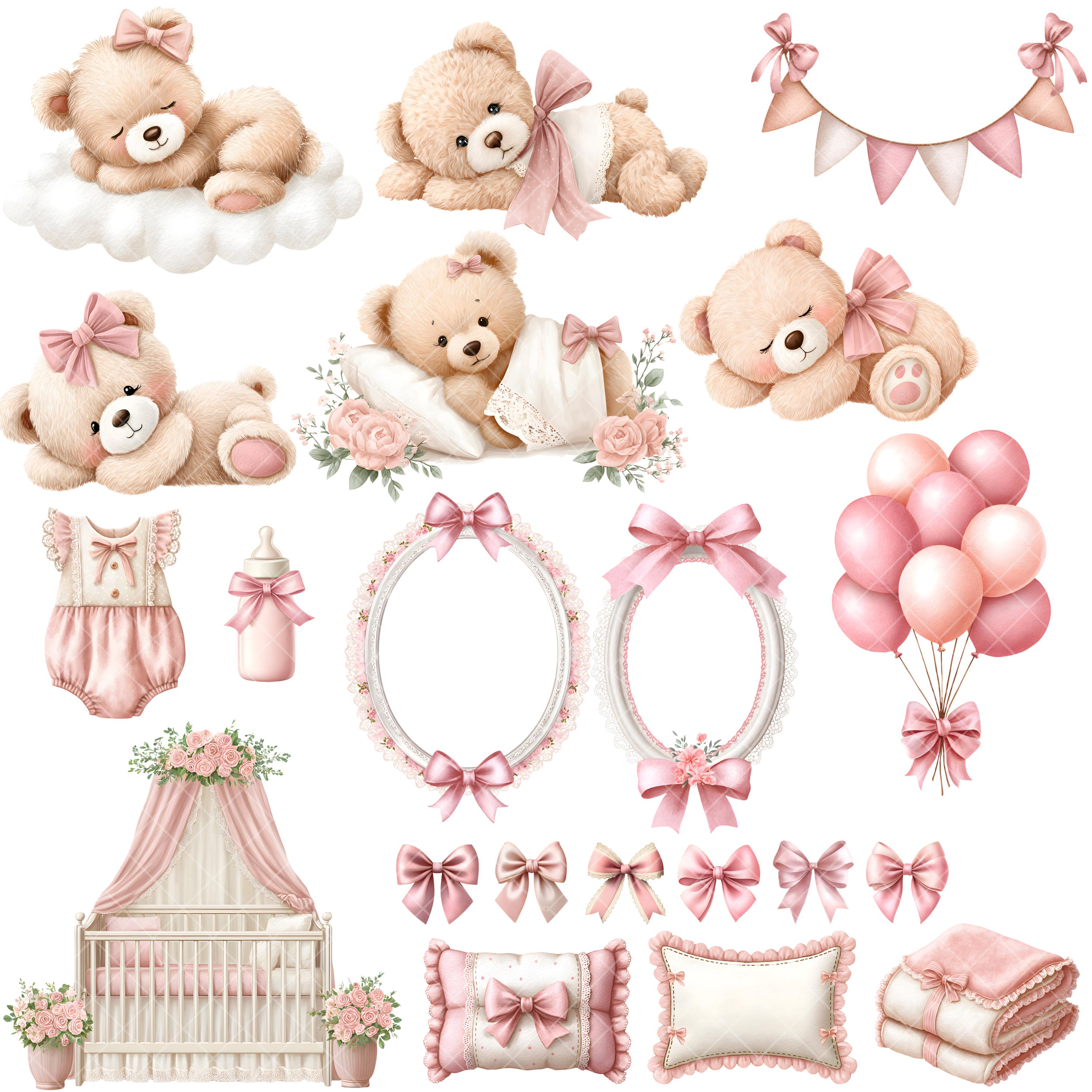 Pink Teddy Bear Clipart - Watercolor - Baby Shower Png - Bows ...