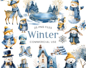 May include: Watercolor winter-themed digital clip art set featuring various illustrations. Includes a deer, fox, penguin, snowman, mouse, rabbit, polar bear, ice skates, gifts, a house, and a snow globe. The text "Winter" and "Commercial Use" are also included.