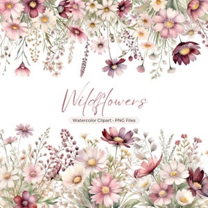 May include: Watercolor clipart of pink, white, and burgundy wildflowers with green stems and leaves. The text "Wildflowers Watercolor Clipart - PNG Files" is at the bottom of the image.