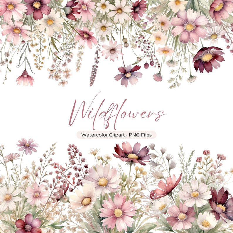 May include: Watercolor clipart of pink, white, and burgundy wildflowers with green stems and leaves. The text "Wildflowers Watercolor Clipart - PNG Files" is at the bottom of the image.
