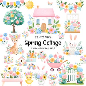 May include: A collection of watercolour illustrations with a spring cottage theme. The image includes a pink house, flowers, a deer, a bunny, a chick, and the text "Spring Cottage". The illustrations are suitable for commercial use.