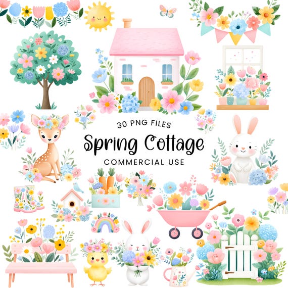 Pastel Spring Cottage Clipart - Watercolor - Spring Png - Easter - Commercial Use