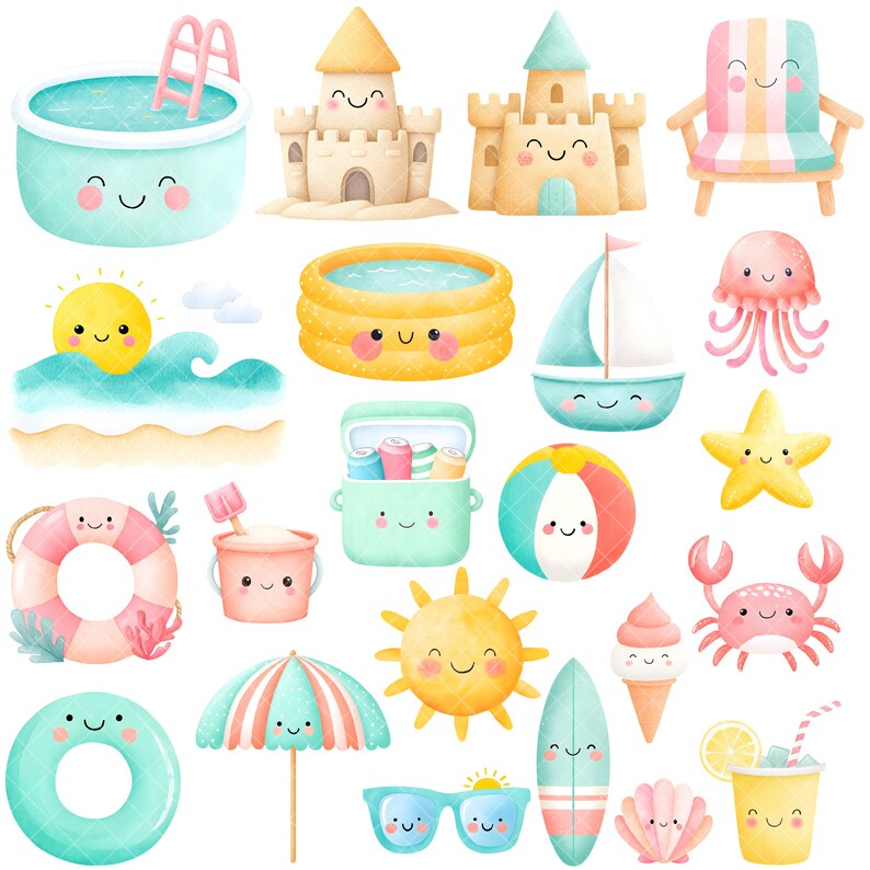 May include: A collection of watercolor illustrations featuring beach and summer-themed objects. Includes a pool, sandcastles, a beach chair, a sailboat, a jellyfish, a starfish, a beach ball, a crab, a sun, sunglasses, a surfboard, and more.