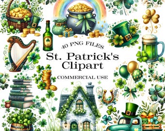St. Patrick's Day Clipart - Watercolor - Saint Patrick's Sublimination - Shamrocks Png - Pot of Gold - Rainbow - Beer - Commercial Use