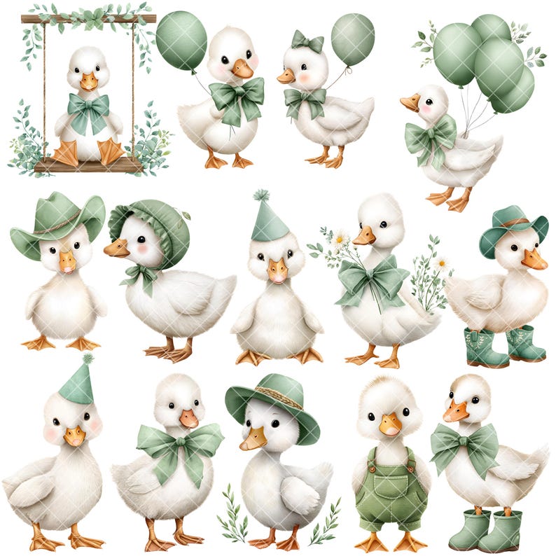 Puede incluir: Colecci&oacute;n de ilustraciones en acuarela de patitos blancos con lazos, sombreros y accesorios verdes. Algunos patitos sostienen globos, flores o llevan petos. Un patito est&aacute; en un columpio.