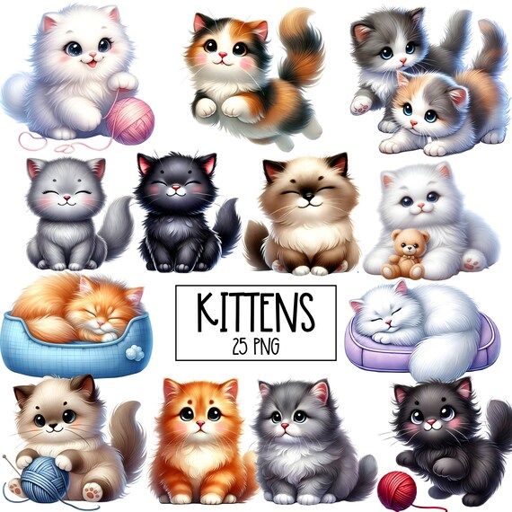 Cute Kitten Clipart - Watercolor - Cat Sublimination - Kitten Png - Black Cat - Siamese Cat - Tabby Cat - White Cat - Commercial License