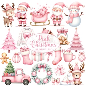 Pink Christmas Clipart - aquarel - leuke kerst Png - kerstman - preppy kerst - rendier - sublimatie - commerciële licentie