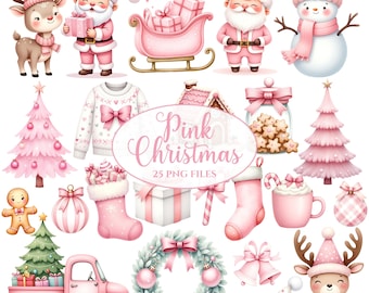 Rosa Weihnachtscliparts - Aquarell - Süßer Weihnachten Png - Weihnachtsmann - Preppy Christmas - Rentier - Sublimation - Kommerzielle Lizenz