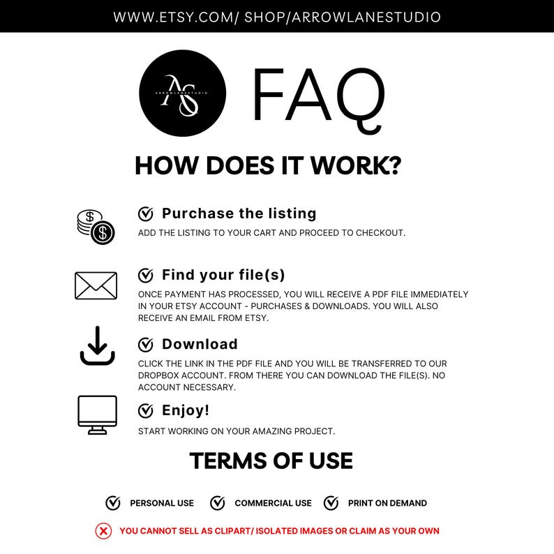 May include: A white graphic with the text "FAQ" and instructions on how to purchase and download files from Etsy. The graphic includes icons for purchasing, finding files, downloading, and enjoying the product. Terms of use are also listed.