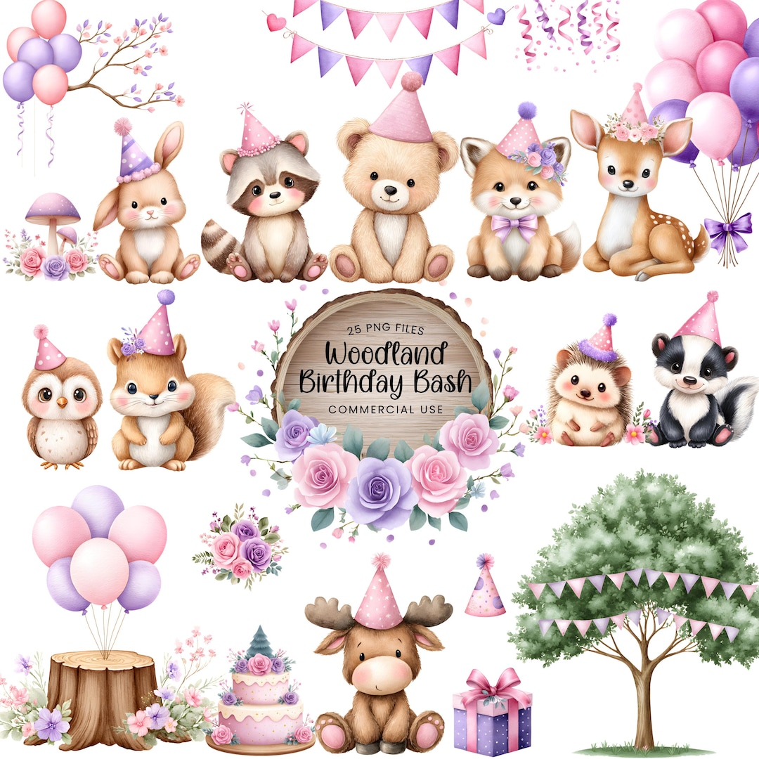 Woodland Birthday Clipart - Watercolor - Woodland Animal Png - Cute ...