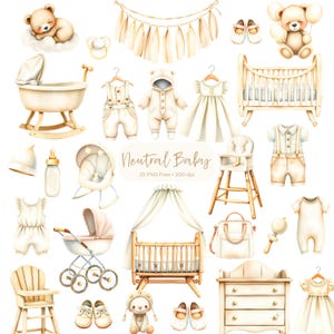 Watercolor Nursery Clipart - Neutral - Baby Clipart - Boho Clipart - Baby Shower Clipart - PNG files - Baby Clothes - Nursery furniture