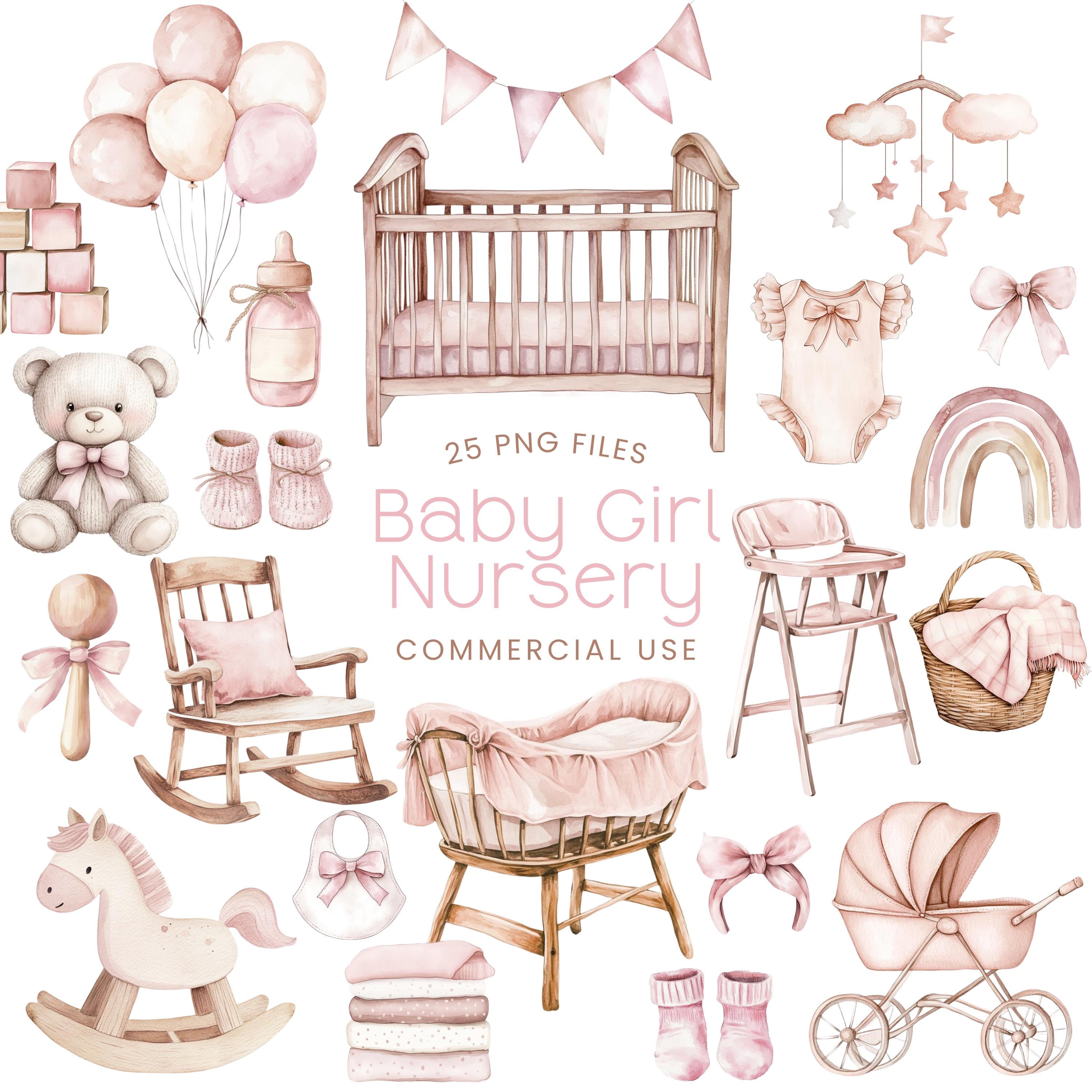 Baby Girl Nursery Clipart - Watercolor - Baby Shower Png - Pink Crib ...