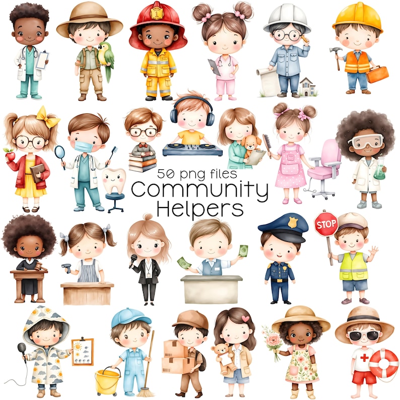 Pode incluir: Ilustra&ccedil;&otilde;es em aquarela de v&aacute;rios profissionais da comunidade, incluindo um m&eacute;dico, um bombeiro e um trabalhador da constru&ccedil;&atilde;o civil. A imagem apresenta o texto "50 PNG files Community Helpers". Cada personagem &eacute; retratado em um estilo de desenho animado.