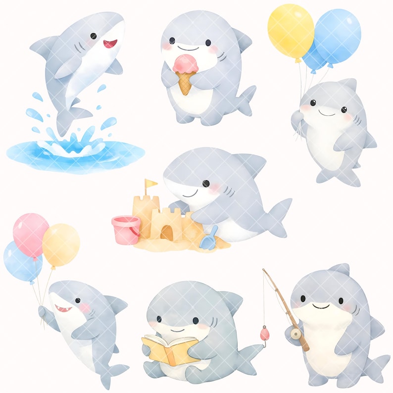 May include: A collection of adorable cartoon sharks in various poses. One shark jumps out of the water, while others hold balloons, eat ice cream, build sandcastles, read a book, and fish. The sharks are primarily light blue with white bellies.
