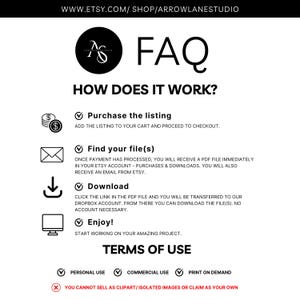 May include: FAQ and instructions on how to purchase and download digital files from Etsy. The text states that you will receive a PDF file with a link to download the file from Dropbox. The terms of use state that you cannot sell the clipart or isolated images or claim them as your own.