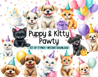 Clipart di cuccioli e gattini - Carino - PNG di compleanno - Clipart di Pawty - Licenza commerciale - Rosa e viola - Compleanno di una ragazza - Pacchetto clipart