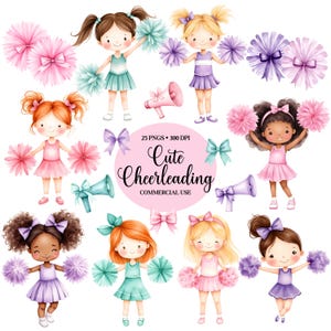 Schattig cheerleading clipart - aquarel - cheerleader pngs - kinderen clipart bundel - pom pom clipart - cheer clipart - commerciële licentie