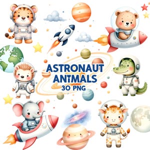 Clipart astronaute mignon - aquarelle - animaux astronautes - clipart espace - Png astronaute - animaux mignons - fusée - planètes - usage Commercial