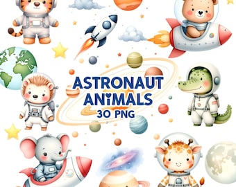 Cute Astronaut Clipart - Watercolor - Astronaut Animals - Space Clipart - Astronaut Png - Cute Animals - Rocket - Planets - Commercial Use