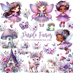 Purple Fairy Clipart - Watercolor - Cute Fairy Png - Fairy Garden - Spring Clipart - Baby Shower Clipart - Birthday Clipart - Commercial Use