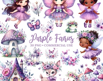 Purple Fairy Clipart - Watercolor - Cute Fairy Png - Fairy Garden - Spring Clipart - Baby Shower Clipart - Birthday Clipart - Commercial Use
