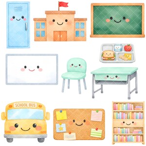 May include: Watercolor illustration of school-themed objects, including a blue locker, school building with a red flag, green chalkboard, white board, green chair, lunch tray, desk, yellow school bus, cork board with notes, and a bookshelf.