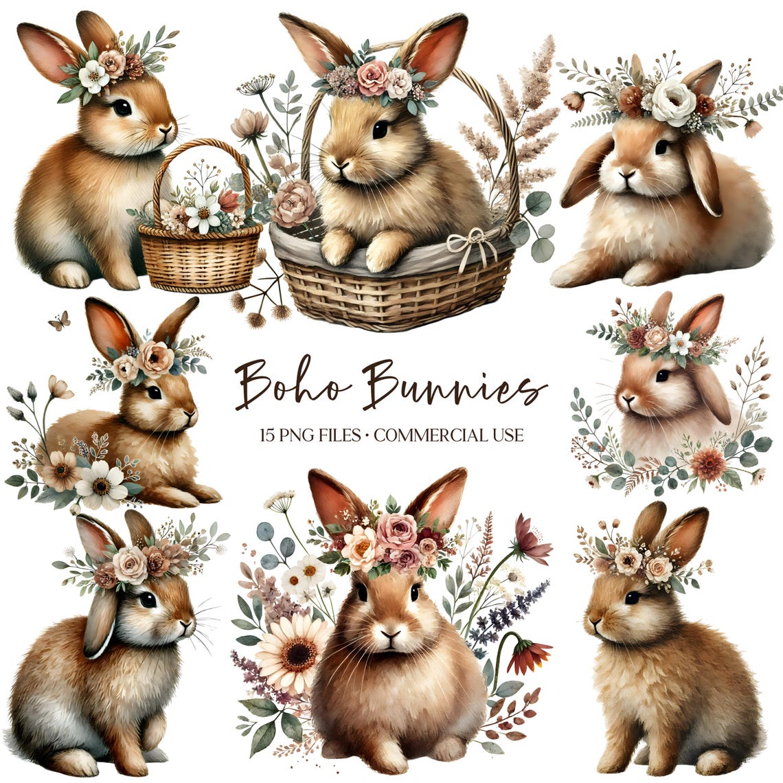 Cute Neutral Rabbit Watercolor Bunny Clipart - Boho Neutral - Rabbit Png - Floral Bunny ...