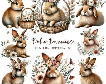 Akvarell kanin Clipart - Boho Neutral - Kanin Png - Blommig kanin Sublimation - Neutral Påsk Clipart - Kommersiell Licens
