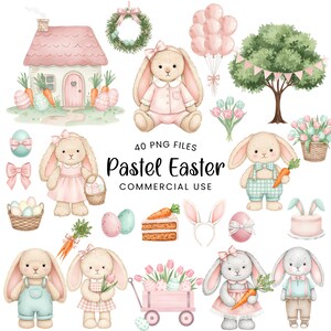 May include: Watercolor illustrations of Easter-themed elements. The image features bunnies, Easter eggs, carrots, a house, a wreath, balloons, and a tree. Text on the image reads "Pastel Easter" and "Commercial Use".