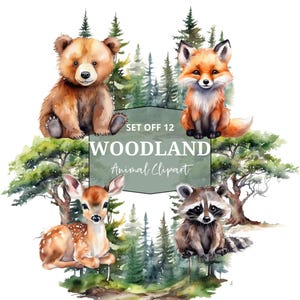 Cute woodland animals clipart - Watercolor - Nursery - Baby Shower - Forest - Png - Instant Download - Bear - Fox - Deer - Realistic