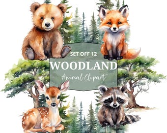 May include: Watercolor illustration of a woodland animal clipart set. The set includes a brown bear, a red fox, a deer, and a raccoon. The animals are surrounded by green trees and bushes. The text "SET OFF 12 WOODLAND Animal Clipart" is displayed on a green sign.