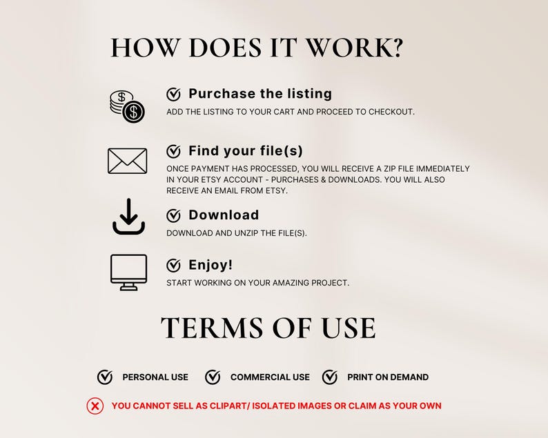 May include: A graphic with instructions on how to purchase and download digital files. The graphic also includes terms of use for personal, commercial, and print-on-demand use. The text states that you cannot sell the files as clipart or claim them as your own.