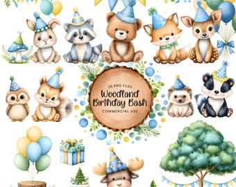 Wald Geburtstag Clipart - Aquarell - Waldtier Png - Süßer Bär - Fuchs - Hirsch - Waldtier - Kommerzielle Nutzung