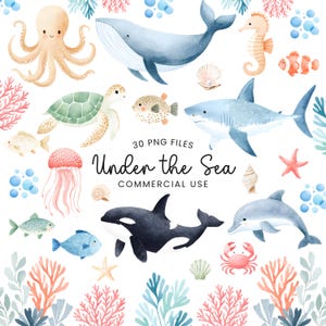 May include: A collection of watercolour illustrations featuring marine life such as an octopus, whale, seahorse, clownfish, shark, turtle, and dolphin. The phrase "Under the Sea" is written in cursive, with additional text: "30 PNG FILES" and "COMMERCIAL USE".