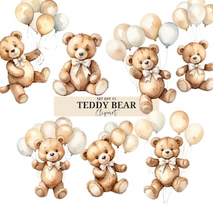 Neutrale teddybeer clipart - ballonnen - aquarel - babyshower - direct downloaden - schattige beer - kwekerij - png - vliegende beer - commercieel